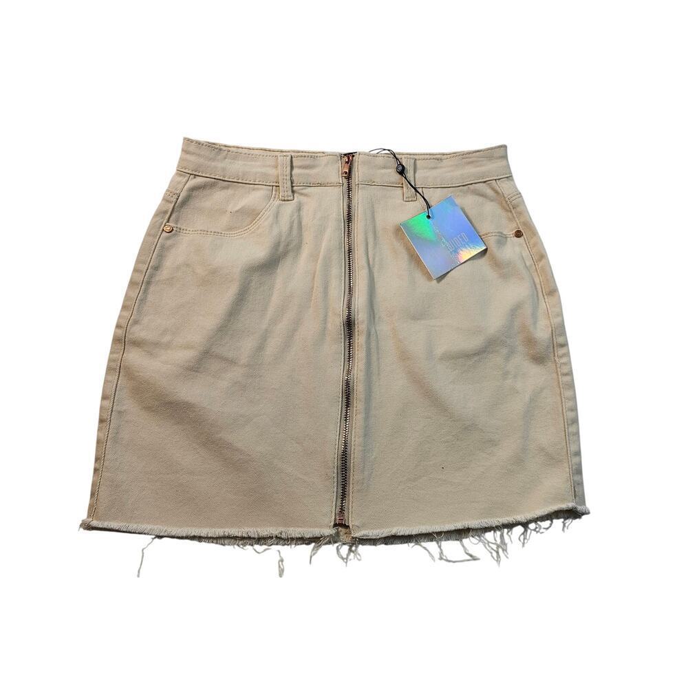 Khaki Neutral Pencil Skirt Full Zip Accent Raw Hem Size 8